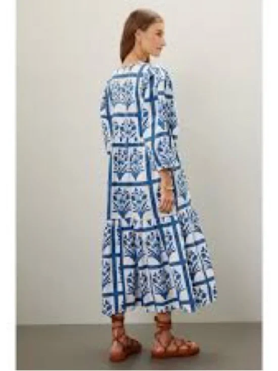 SZ Block Prints /Orti Blue and White Cotton Floral Midi Dress - Sz L - Picture 3 of 12